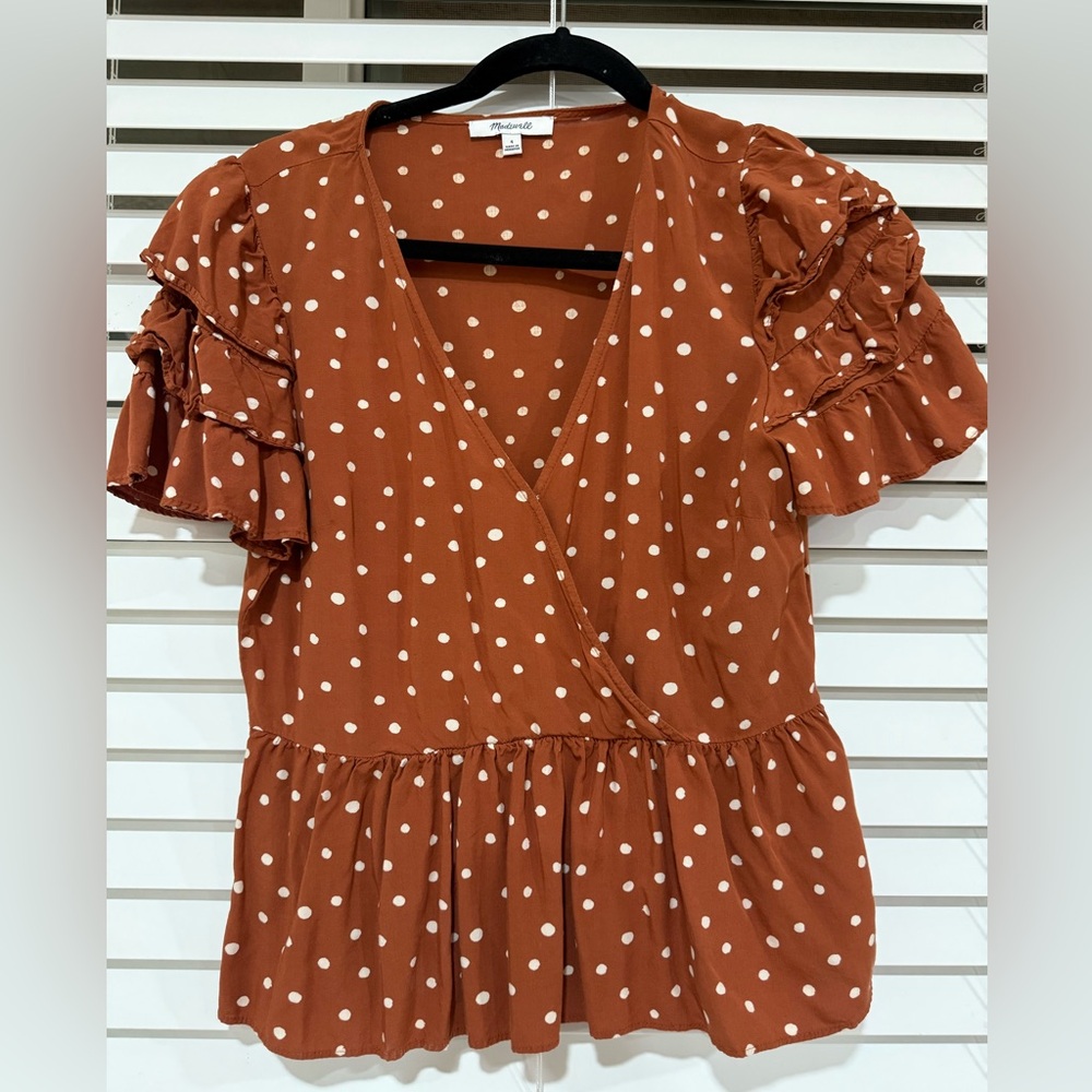 Madewell Ruffled Polka Dot Wrap Top - Brown